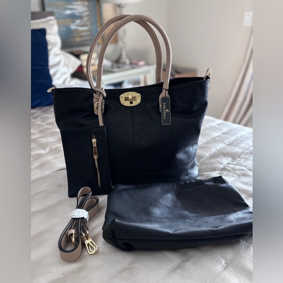 NWT Black Pebbled 3 in 1 Tote Set Crossbody Strap + Coin Wallet + Large Pouch. - Picture 3 of 13